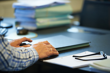 Image showing Paperwork, documents and hands of business man in office for working on project, planning and research. Professional, worker and person reading papers, review and report for career in workplace