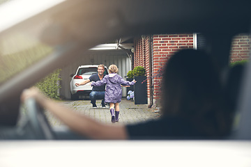 Image showing Man, daughter and running outdoor for hug with happiness or excited in driveway for weekend visit. Family, father and girl kid with care, relationship and bonding at home, house or apartment or smile