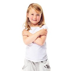 Image showing Happy, child and portrait with casual and modern fashion with kid and clothing in studio. Hug, smile and youth with young girl and white background with self love and confidence style from New Jersey