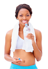 Image showing Black woman, fitness and water with portrait and smile from sport, workout and training in studio. Happy, healthy and African female athlete with wellness and drink after gym with white background