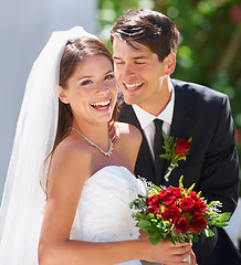 Image showing Portrait, wedding and bride and groom with flowers for love, celebration or union, ceremony or romance. Commitment, marriage and face of couple outside with support, trust and security or life event