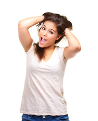 Image showing Portrait, woman and hands in crazy hair with confidence, happiness and beauty in white background or studio. Messy, hairstyle and face of person excited for salon, treatment or scratching head