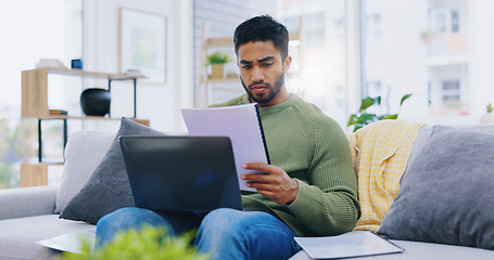 Image showing Laptop, documents and man on sofa for finance planning, internet banking and budget at home. Living room, remote work and person with paperwork, report and computer for insurance, website and payment