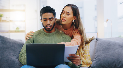 Image showing Computer, documents and couple on sofa for finance planning, online banking and budget payment. Living room, home and man and woman with paperwork, review and laptop for insurance, savings and taxes