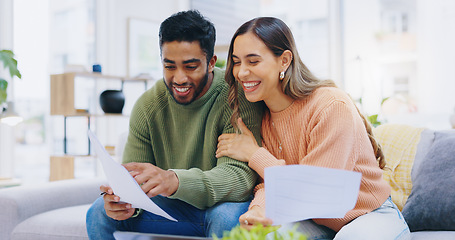 Image showing Couple, tax documents and happy on sofa with reading, review and compliance for financial freedom in home. Man, woman and smile together for results, feedback and credit score with paperwork on couch