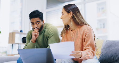 Image showing Couple, finance and stress in home for debt, poor savings and budget of mortgage loan, taxes or bills. Anxiety of man, woman and paperwork at laptop for bankruptcy, financial risk or inflation crisis