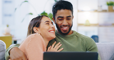 Image showing Couple, relax or smile with laptop on sofa to watch movies, subscription show or web download at home. Happy man, interracial woman and computer for online shopping, social media or digital streaming