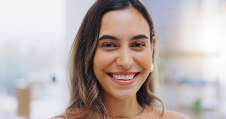 Image showing Smile, face and portrait of woman in home to relax on weekend in living room in Colombia. Happy young girl in apartment for resting, comfortable day off and freedom of good mood, pride and confidence