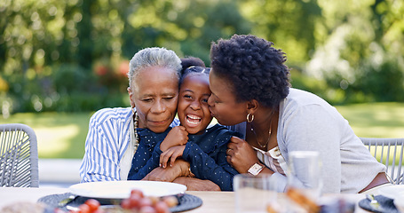 Image showing Outdoor, granny and mother with family, happiness and childhood with joy, summer and weekend break. Love, backyard and kiss with girl, kid or cheerful with event, grandma and playful with parent