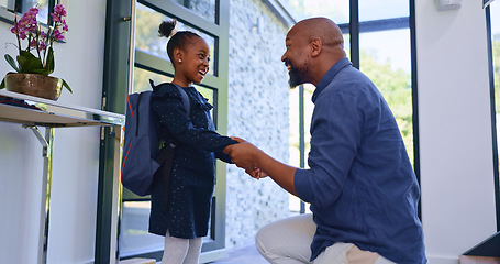 Image showing Backpack, hello and father with girl school child in a house for greeting, welcome or bond with love. Happy, black family or student kid with dad in a doorway for conversation, support and security
