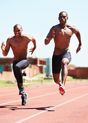 Image showing Man, athlete and running and competitive for race on track with practice for competition. Black people, together and passion for sport with dedication, motivation or determination on face for winning