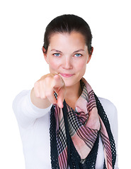Image showing Woman, portrait or pointing to you for choice, winning vote or direction of accountability in studio on white background. Feedback, hiring and emoji of recruitment, volunteer or invitation to join us