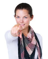 Image showing Woman, portrait and pointing to you in studio for choice, vote and decision for volunteering on white background. Winner, attention and finger emoji for recruitment, hiring and invitation to join us