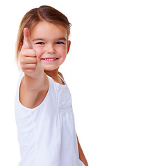 Image showing Portrait, smile and thumbs up with a girl child in studio isolated on a white background for support. Face, thank you and success with an adorable young kid showing a hand gesture for motivation