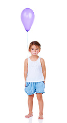 Image showing Portrait, balloon and a sad girl child feeling lonely in studio isolated on a white background for a party. Children, depression or unhappy with a young kid looking upset or miserable at a birthday