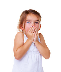 Image showing Face, wow and surprise with a girl child in studio isolated on a white background for omg expression. Children, hands and emoji with an adorable little kid looking shocked by a news alert or gossip