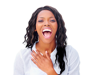 Image showing Woman, portrait and laughing happy in studio for funny joke, humor comedy or positivity. Black person, model and face for smile confidence cheerful on white background or mockup space, meme or joy