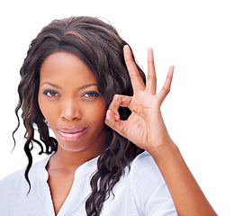 Image showing African woman, ok sign and studio portrait for vote, decision and icon for review by white background. Girl, hand and emoji for yes, voice and feedback for opinion, face and symbol with success
