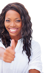 Image showing Portrait, happy woman and thumbs up in studio with mockup for decision on white background in New York. Black person, smile or excited emoji with gesture for encouragement, choice or support in space