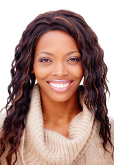Image showing Black woman, portrait or smile in studio with fashion, casual style and confidence on white background. African person, face or happy for pride, natural beauty and positive mindset or calm expression