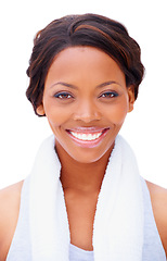 Image showing Portrait, woman and smile with towel in studio for fitness mock up on white background in New York. Black person, athlete and happy with confidence for health, exercise or hygiene with sweat cloth