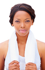 Image showing Portrait, woman and fitness for towel in studio for hygiene mock up on white background in New York. Black person, athlete and sweat cloth with determined or serious face for health with exercise