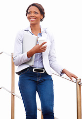 Image showing Black business woman, coffee and laptop on stairs, walking and smile with thinking, vision or ideas for company. Entrepreneur, happy and outdoor with tea cup, computer and problem solving on steps