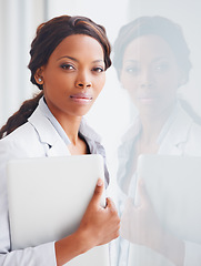 Image showing Black woman, laptop and business portrait by window, reflection and financial advisor in workplace. African entrepreneur, computer and confident face with pride, project management and modern office