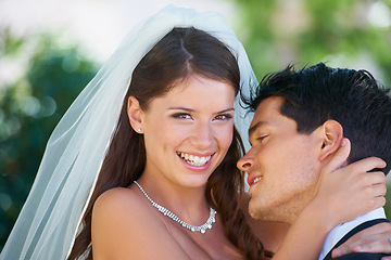 Image showing Garden, portrait of bride and groom in embrace at wedding with smile, love or commitment at reception. Nature, face of woman and man hug at marriage celebration with hope, loyalty and future together