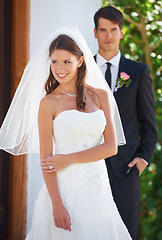 Image showing Couple, wedding and outdoor with smile, portrait and memory for commitment to relationship in summer. Man, woman and happy together for marriage, event and celebration with fresh start in sunshine