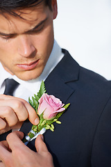 Image showing Man, hands or flower on wedding suit, tuxedo or jacket in marriage, love or event. Person, fashion and groom fixing pink rose, plant or boutonniere in celebration, commitment and checking placement