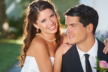 Image showing Couple, wedding and together with smile, portrait and memory for commitment to relationship in summer. Man, woman and happy for marriage, event and celebration with fresh start in sunshine with love