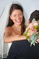 Image showing Laughing, bride and groom in embrace at wedding with fun, love and commitment at reception. Smile, face of woman and man hugging at marriage celebration with happiness, loyalty and future together.