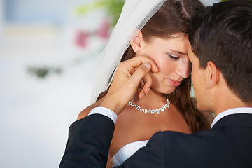 Image showing Love, face of bride and groom embrace at wedding with smile, touch and commitment at reception. Romance, woman and man hugging at marriage celebration with happiness, loyalty and future together.