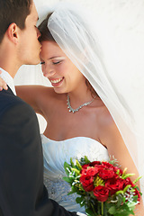 Image showing Wedding, couple and hug with love, woman smile and happy from celebration of bride and groom. Outdoor, commitment and trust ceremony with care and suit for marriage event with support and romance