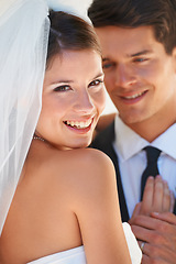 Image showing Portrait, happy woman and man embrace at wedding with smile, love and commitment at reception. Romance, face of bride and groom hugging at marriage celebration with hope, loyalty and future together.