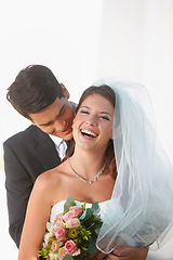 Image showing Wedding, couple and laughing with love, smile and happy from celebration of bride and groom. Outdoor, commitment and trust ceremony with care and suit for marriage event with support and romance