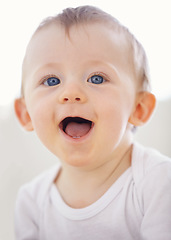 Image showing Home, happy and face of baby relax, resting and calm in nursery for sleeping or wake up in morning. Family, youth and closeup of infant newborn in bedroom for child development, growth and wellness