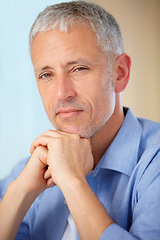 Image showing Senior man, portrait and thinking in confidence, wisdom or decision for ambition at home. Face of thoughtful mature male person or model posing with hands on chin in wonder, choice or idea at house