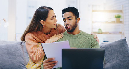 Image showing Laptop, documents and couple on sofa for finance planning, online banking and budget payment. Living room, home and man and woman with paperwork, report and computer for insurance, savings and taxes