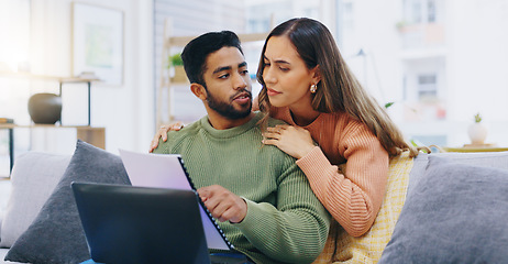 Image showing Laptop, finance and couple on sofa for planning, online banking and budget payment at home. Living room, marriage and man and woman with paperwork, bills and computer for insurance, savings and taxes