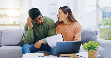 Image showing Couple, debt and stress at laptop in home for poor savings, bills and budget of mortgage crisis, taxes or rent. Frustrated man, woman and banking documents for bankruptcy, financial risk or inflation