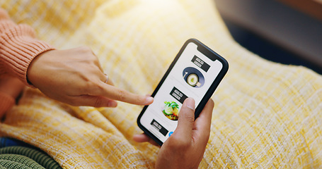 Image showing Phone, screen and hands of couple with fast food app, delivery or choice closeup in their home. Smartphone, display and people with online shopping, menu or search for brunch, decision or takeaway