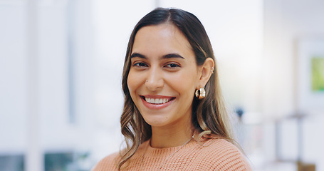 Image showing Portrait, happy or face of woman in home to relax for weekend, good mood or pride in living room in Colombia. Confident girl smile in apartment for resting, comfortable day off or freedom of optimism