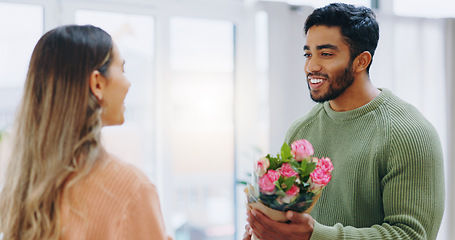 Image showing Man, woman and giving bouquet of roses for smile, care or love for birthday, anniversary or celebration. Couple, flowers and happy for present, gift or surprise for bonding, romance and home together