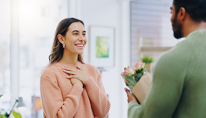 Image showing Man, woman and giving bouquet of flowers for smile, care or love for birthday, anniversary or celebration. Couple, roses and happy for present, gift or surprise for bonding, romance and home together