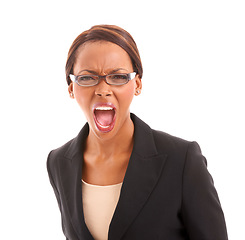 Image showing Portrait, screaming and black woman with business, angry and employee isolated on a white studio background. Face, African person or worker with stress, frustrated and shouting with crisis or emotion