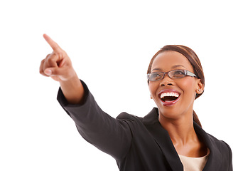 Image showing Business, pointing and black woman with promotion, opportunity and employee isolated on white studio background. African person, worker or consultant with hand gesture, decision and choice with smile