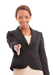 Image showing Business woman, offer and shaking hands in portrait for job interview, meeting and hiring agreement or welcome. African employer handshake or professional introduction in studio on a white background