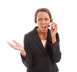 Image showing Frustrated black woman, call center and headphones shouting at difficult customer against a white studio background. African female person, consultant or agent screaming or yelling on headset mic